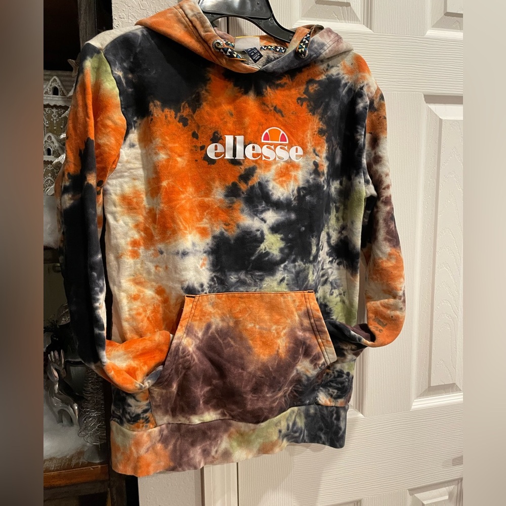 Ellesse Cherry Pullover tie dye women’s size 6 orange black white Cotton hoodie